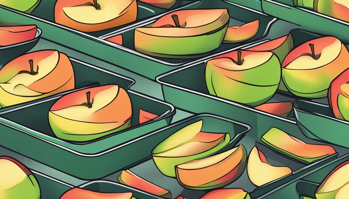 Fresh apples being sliced and arranged on air fryer trays. Heat circulating around the slices as they slowly dehydrate