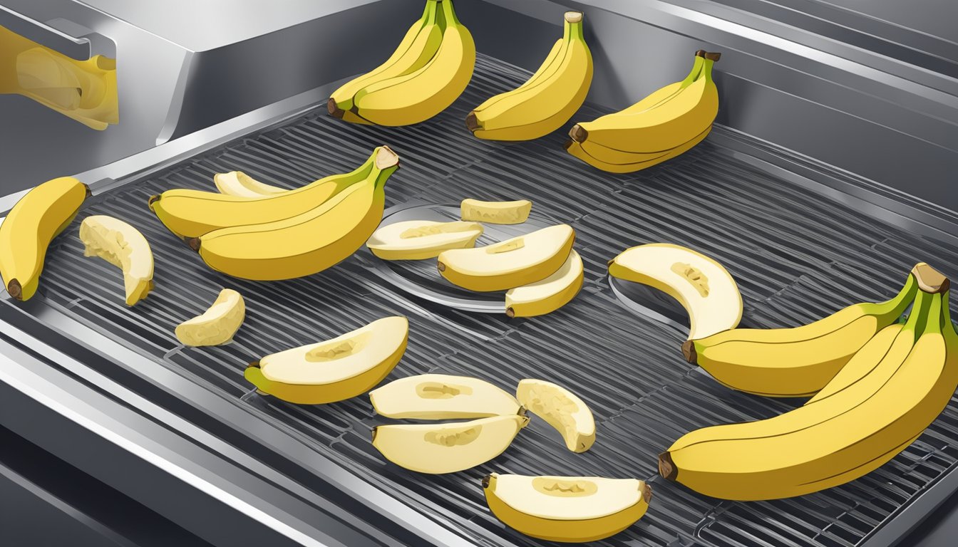 Fresh bananas being sliced into thin rounds, laid out on a dehydrator tray, with the machine set to low heat