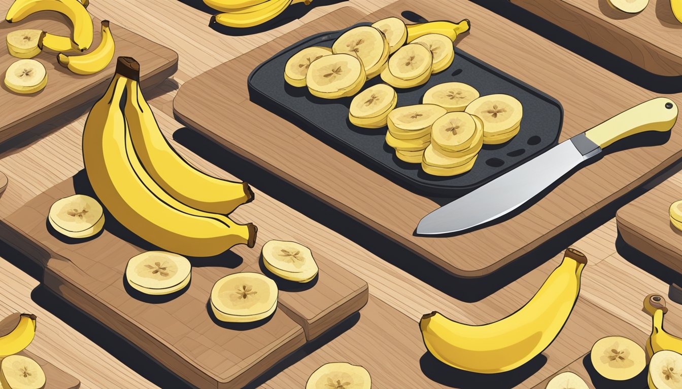 A cutting board with banana slices arranged in rows, a knife, and a dehydrator in the background