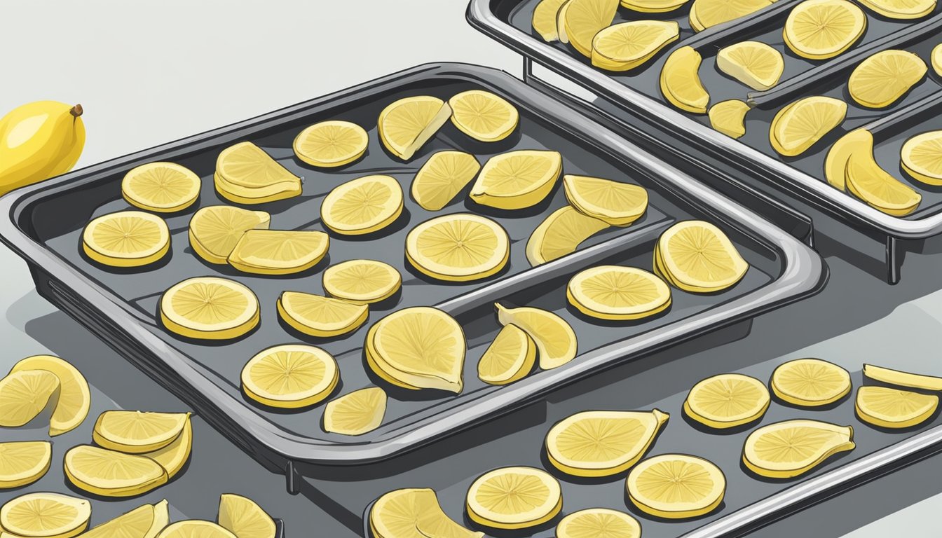 Fresh banana slices laid out on a dehydrator tray, with a light sprinkling of lemon juice to enhance flavor and prevent browning