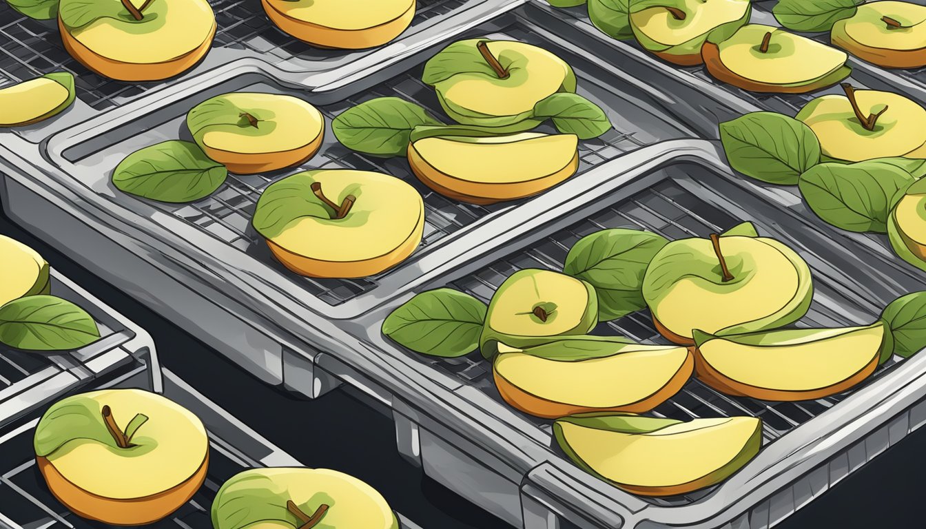 Fresh apple slices laid out on a dehydrator tray, ready for the pre-treatment process