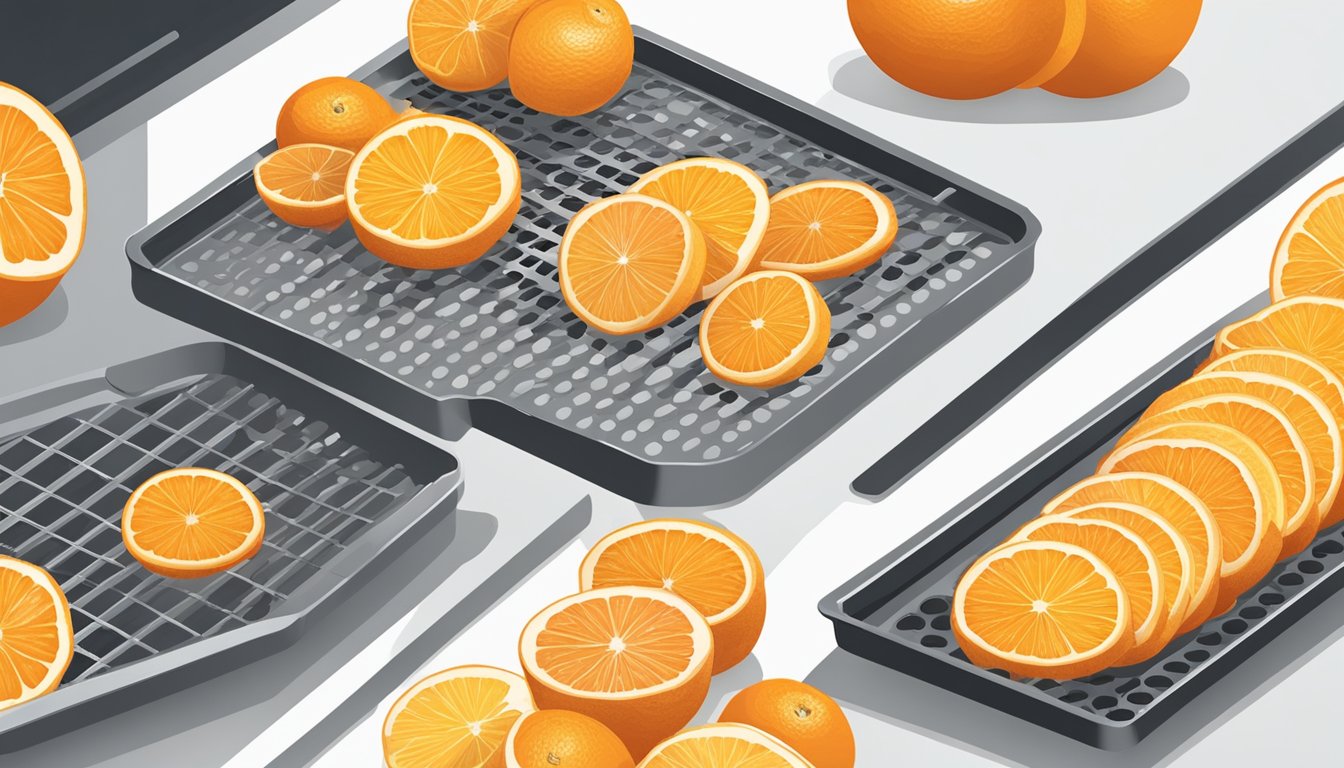 Fresh oranges being sliced into thin rounds, arranged on a dehydrator tray, and set to dry