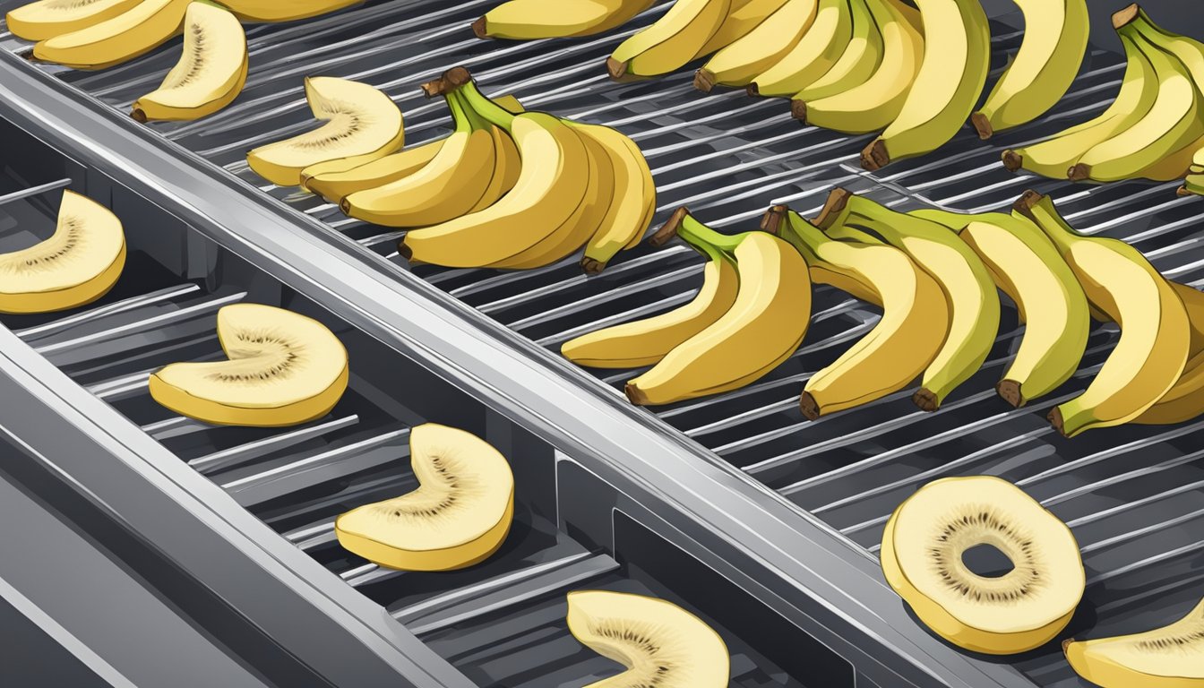 Fresh banana slices laid out on a dehydrator tray, with the dehydrator machine in the background