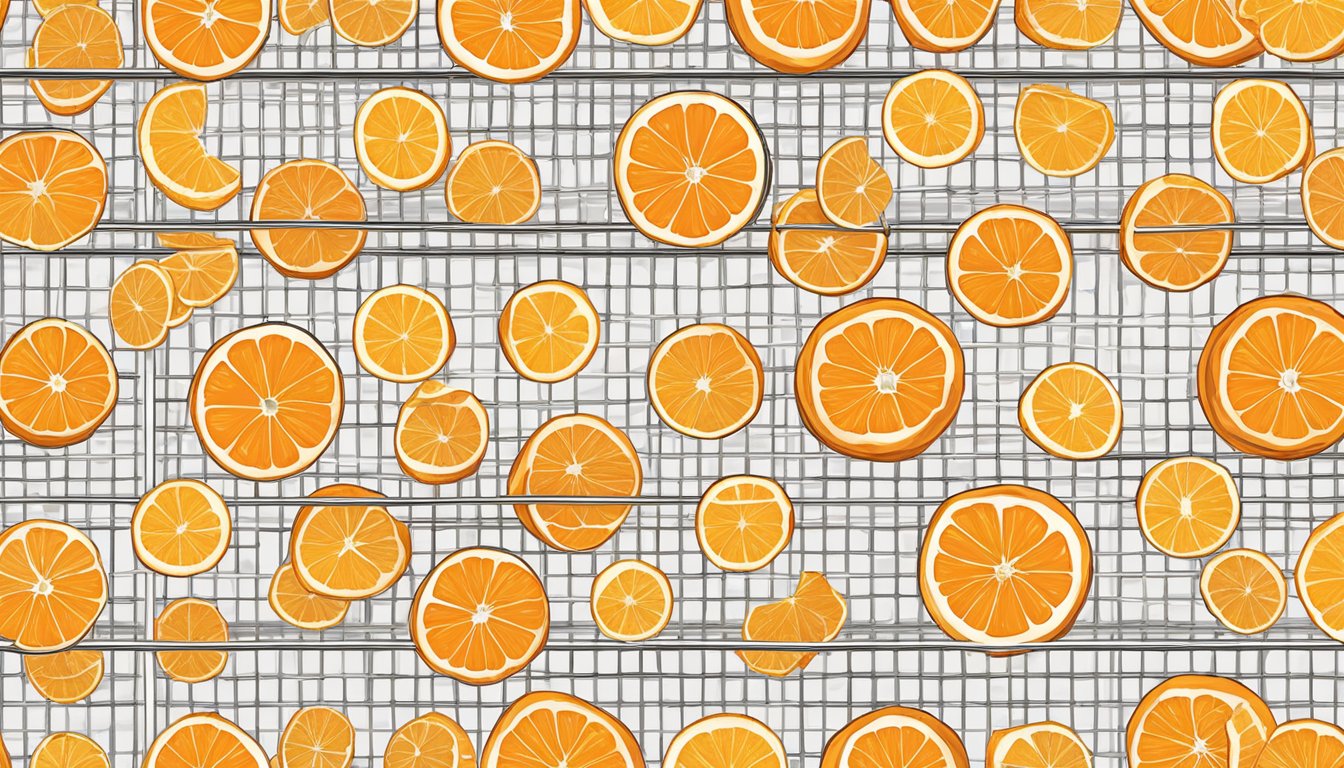 Fresh orange slices arranged on a wire rack, ready for dehydration