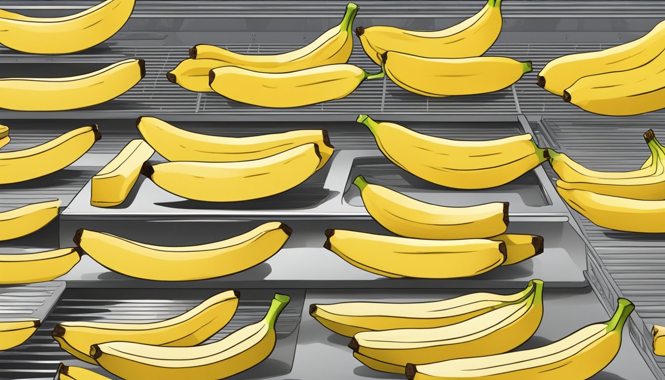 Banana slices laid out on a dehydrator tray, with the dehydrator machine in the background