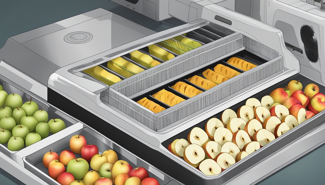 Sliced apples arranged on dehydrator trays, with the machine set to low heat and a timer counting down