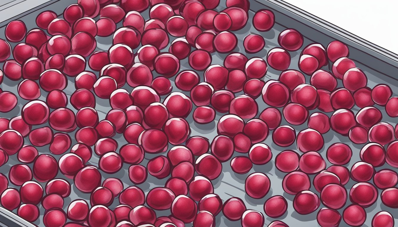 Fresh cranberries spread out on a dehydrator tray, with the machine running and warm air circulating around them