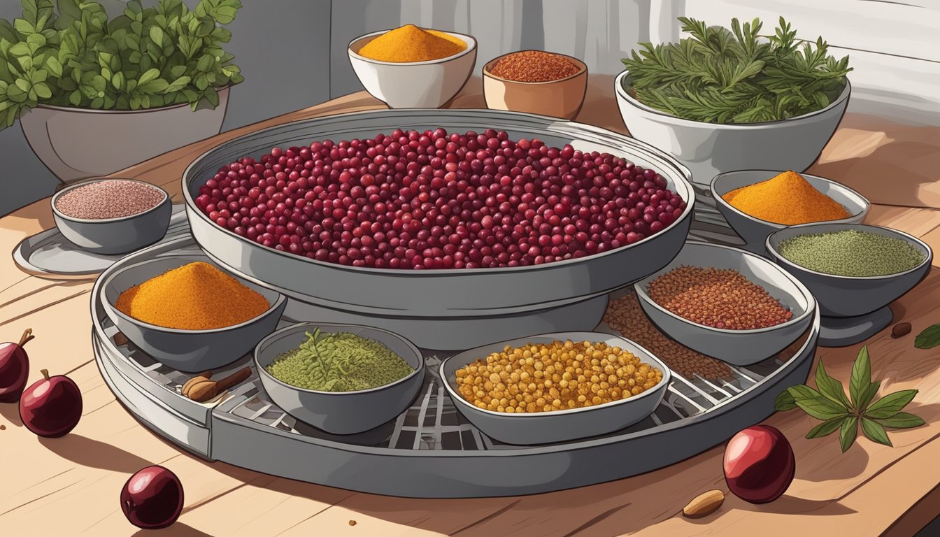 Cranberries laid out on a dehydrator tray, surrounded by bowls of spices and herbs for potpourri