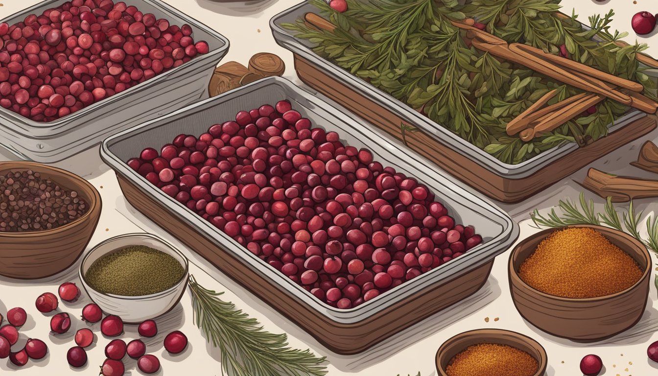 Fresh cranberries laid out on a dehydrator tray, surrounded by bowls of aromatic spices and herbs. A pair of scissors and twine sit nearby for bundling the finished potpourri