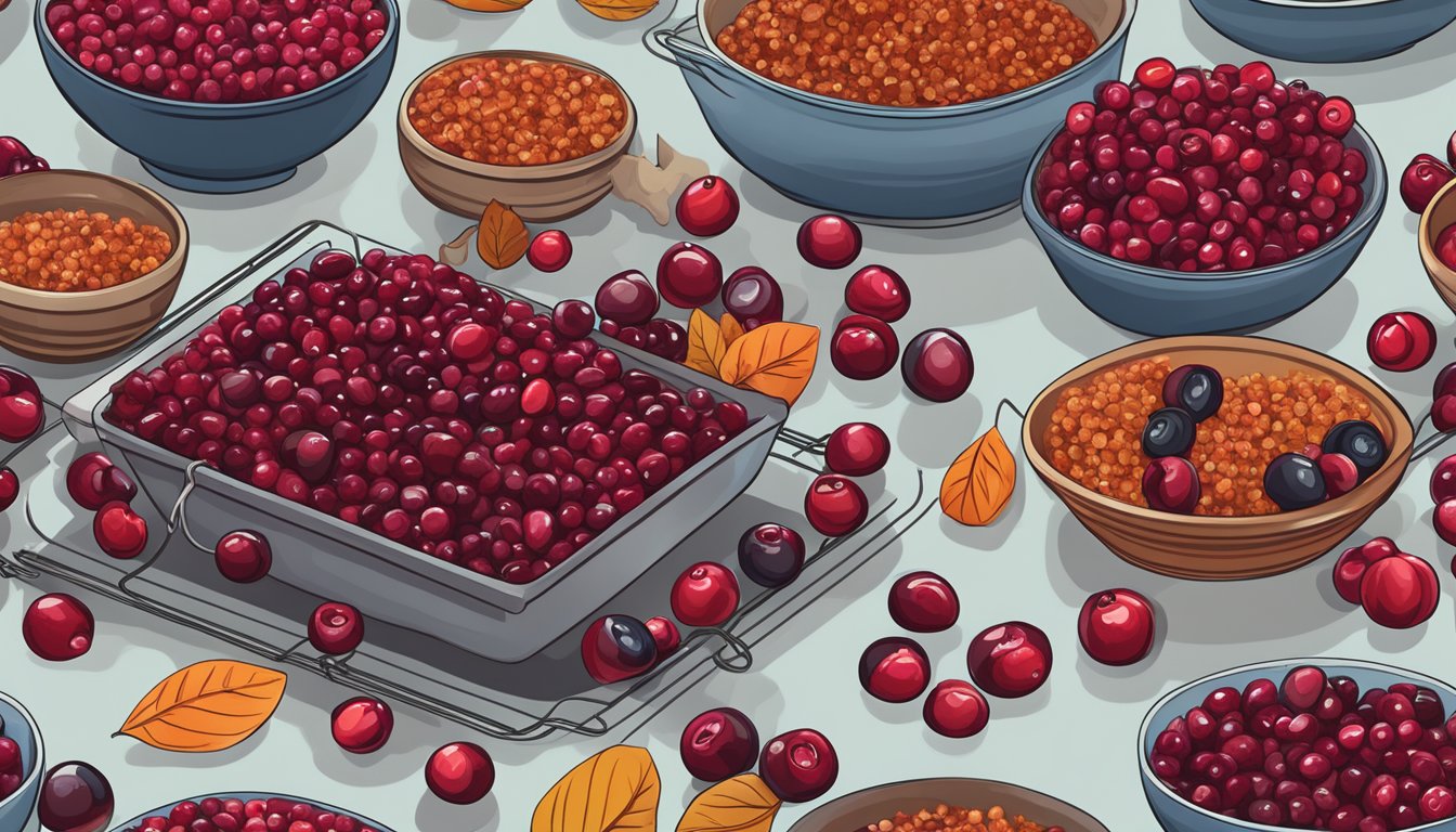 Dehydrated cranberries spread on a wire rack, surrounded by fresh cranberries and a bowl of potpourri mix