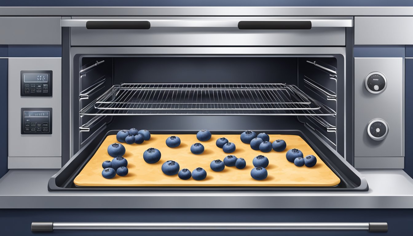 Fresh blueberries spread on a baking sheet, placed in an oven, and the oven door closed