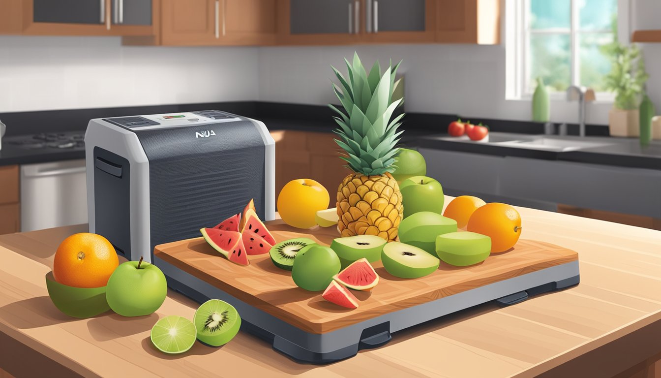 Fresh fruit arranged on a cutting board next to a Ninja dehydrator, with a knife and cutting board in the background