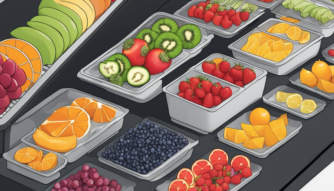 Fresh fruit pieces placed on dehydrator trays inside a Ninja dehydrator. Various seasoning and flavoring options arranged nearby