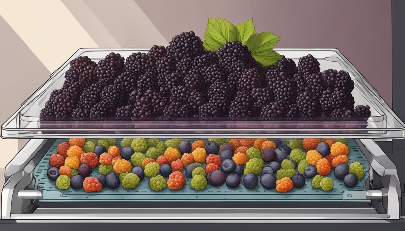 Mulberries spread on a dehydrator tray, with the machine running and warm air circulating around the fruit