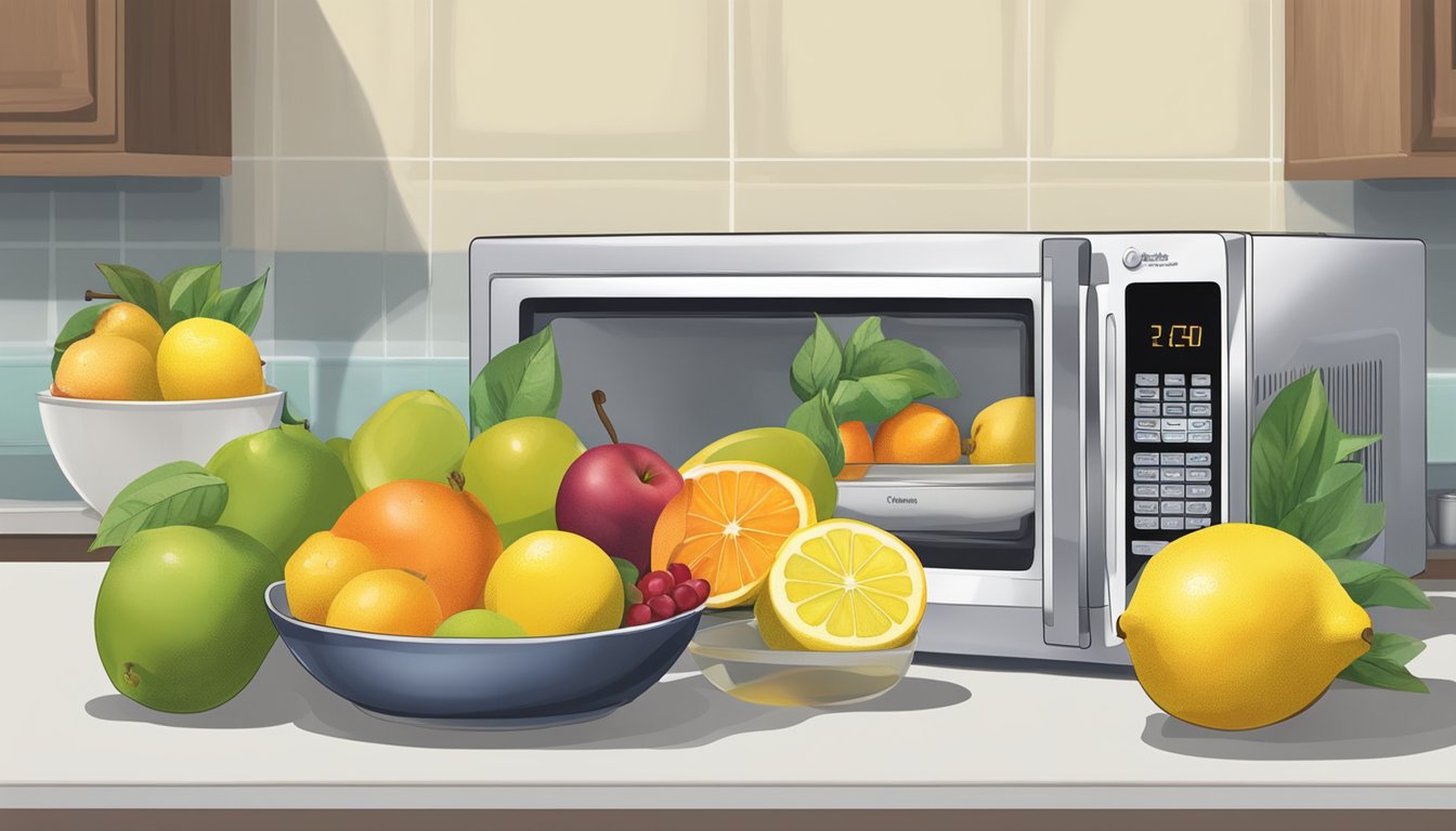 A variety of fruits arranged on a microwave-safe tray, with a bowl of lemon water nearby. The microwave is open and ready for use