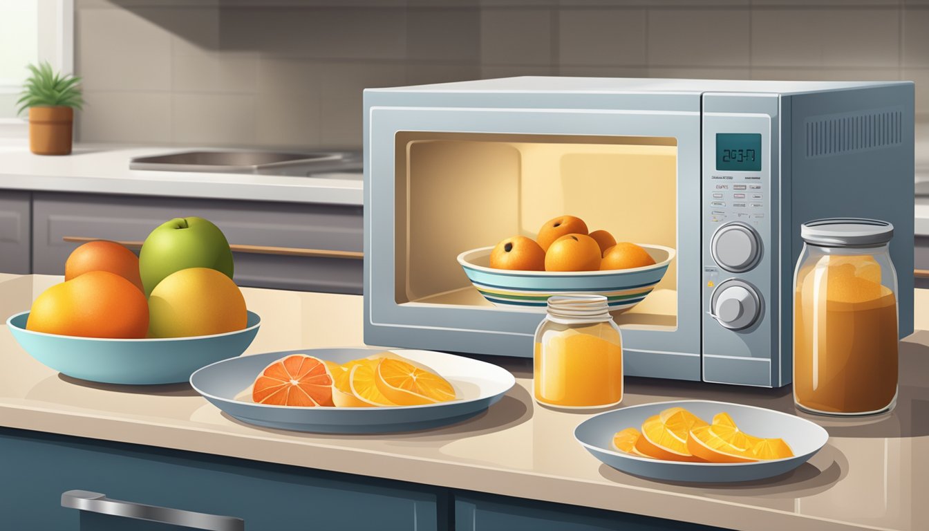 A microwave with a plate of sliced fruit inside, a bowl of sugar, and a jar of cinnamon on a countertop