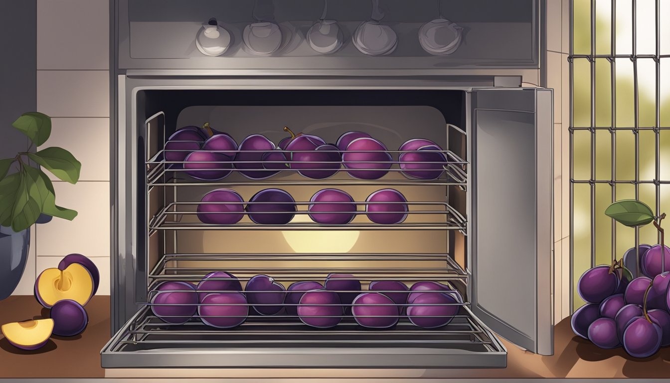 Plums arranged on a wire rack inside an oven, with the door slightly ajar and warm air circulating around them