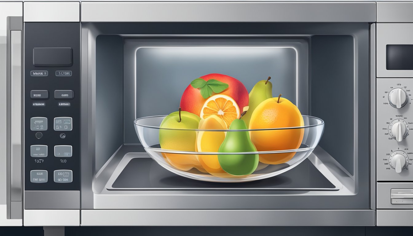 A bowl of sliced fruit sits inside a microwave. The microwave is set to a low heat setting as the fruit dehydrates