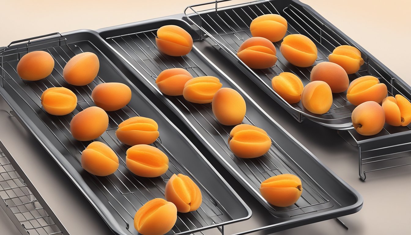 Apricots arranged on air fryer tray, timer set, warm air circulating, steam rising, apricots cooling on wire rack