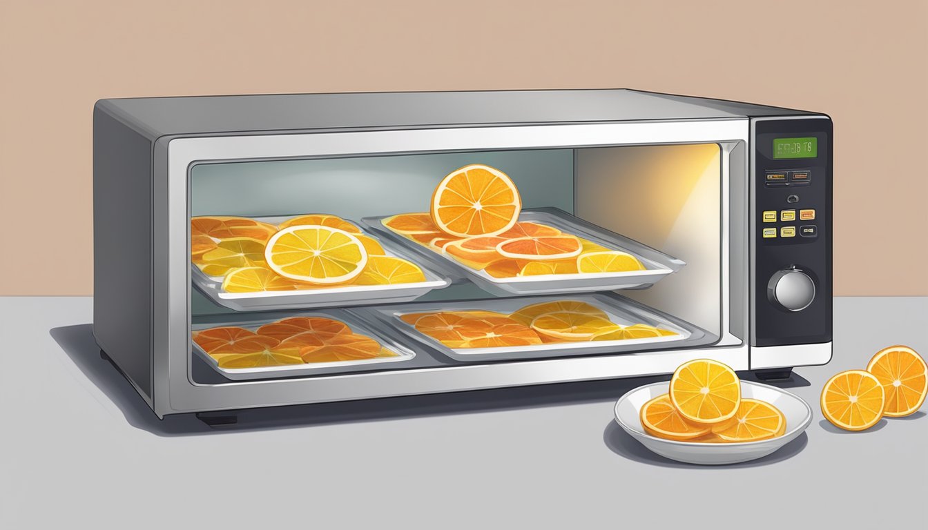 Dehydrated fruit slices arranged on a microwave-safe tray, with a microwave in the background