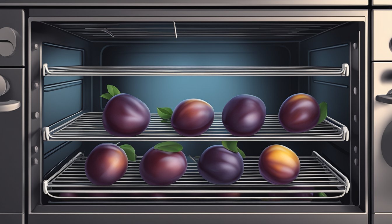 Fresh plums arranged on a wire rack inside an open oven, with the oven door slightly ajar