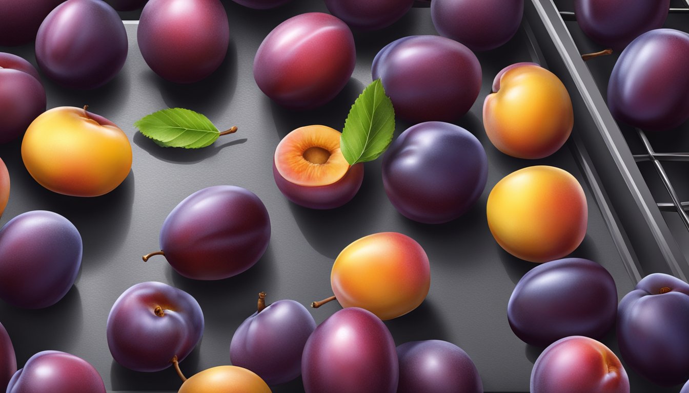 Ripe plums arranged on a baking sheet, oven door ajar, emitting warm, fragrant air