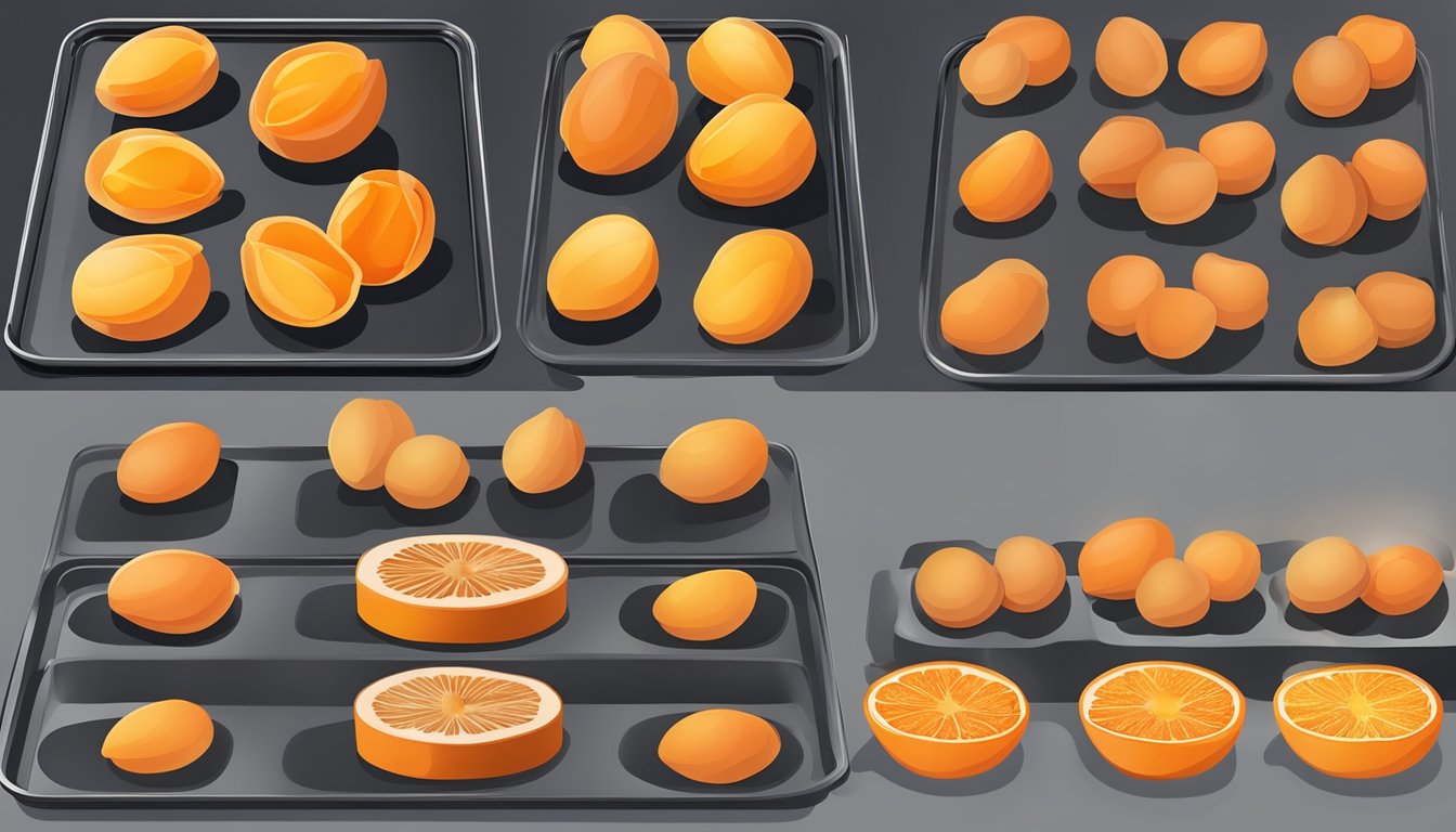 Apricots arranged on air fryer trays, one batch dehydrated, the other freeze-dried. The air fryer is set to the appropriate temperature and time for each method