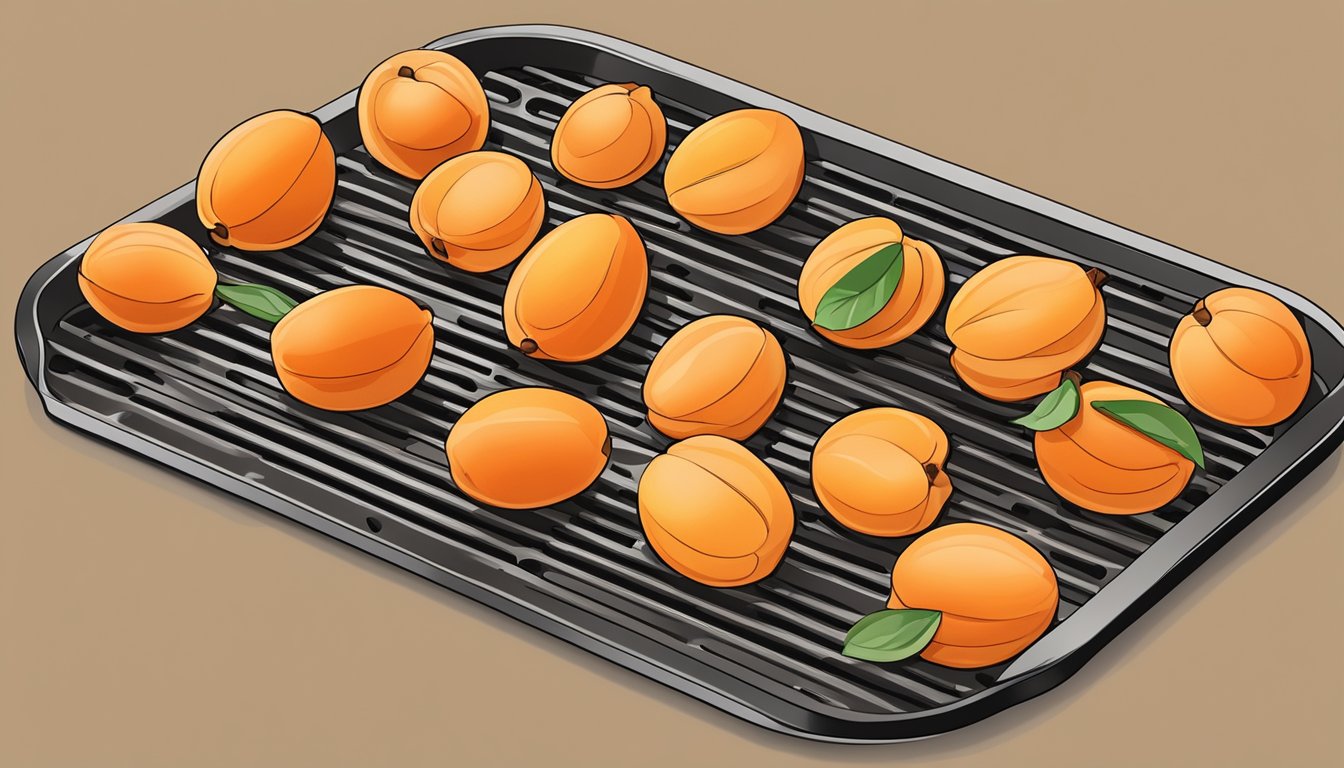 Apricots arranged in a single layer on the air fryer tray, with the air fryer set to the dehydration function