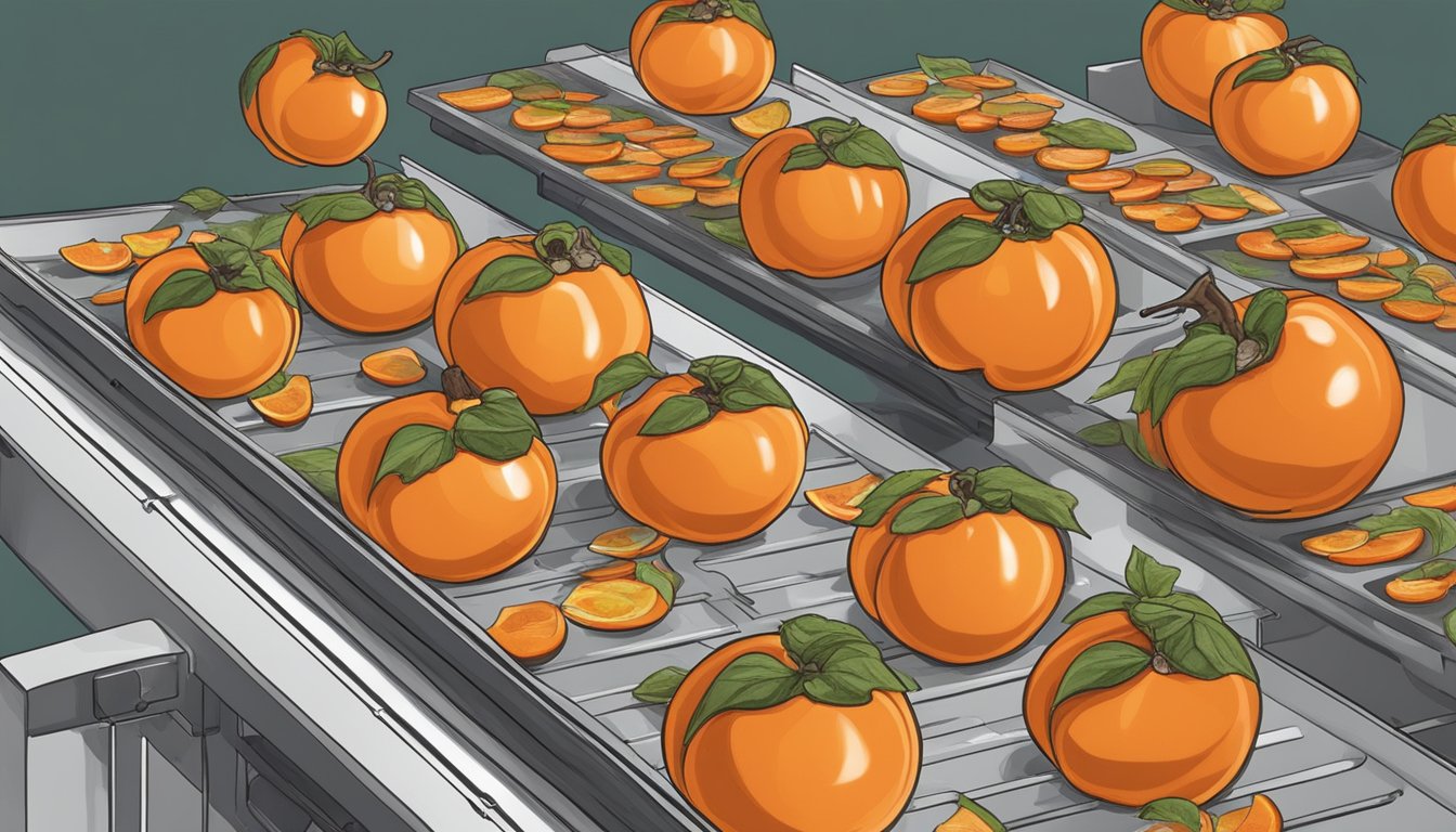 Ripe hachiya persimmons being sliced and arranged on dehydrator trays