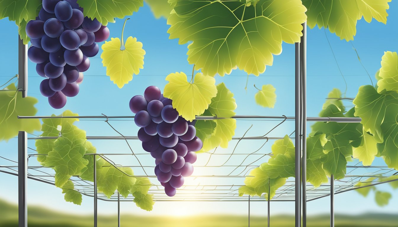 Fresh grapes laid out on a wire rack under the sun, with a gentle breeze blowing and a clear blue sky in the background