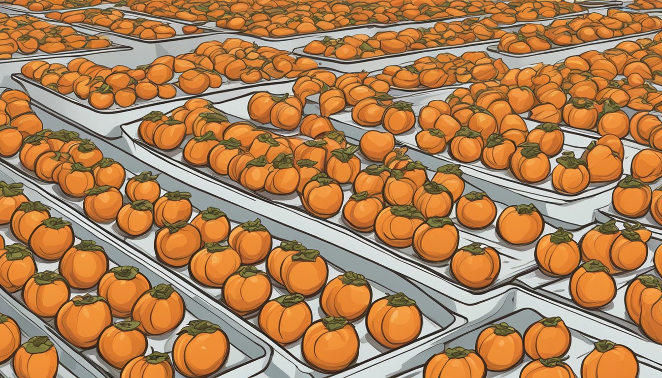 Ripe hachiya persimmons arranged on dehydrator trays, with slices evenly spaced and ready for drying