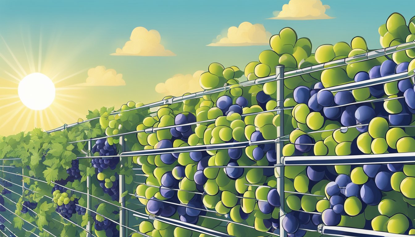 Fresh grapes laid out on a wire rack under the sun, with a gentle breeze blowing and a clear blue sky in the background