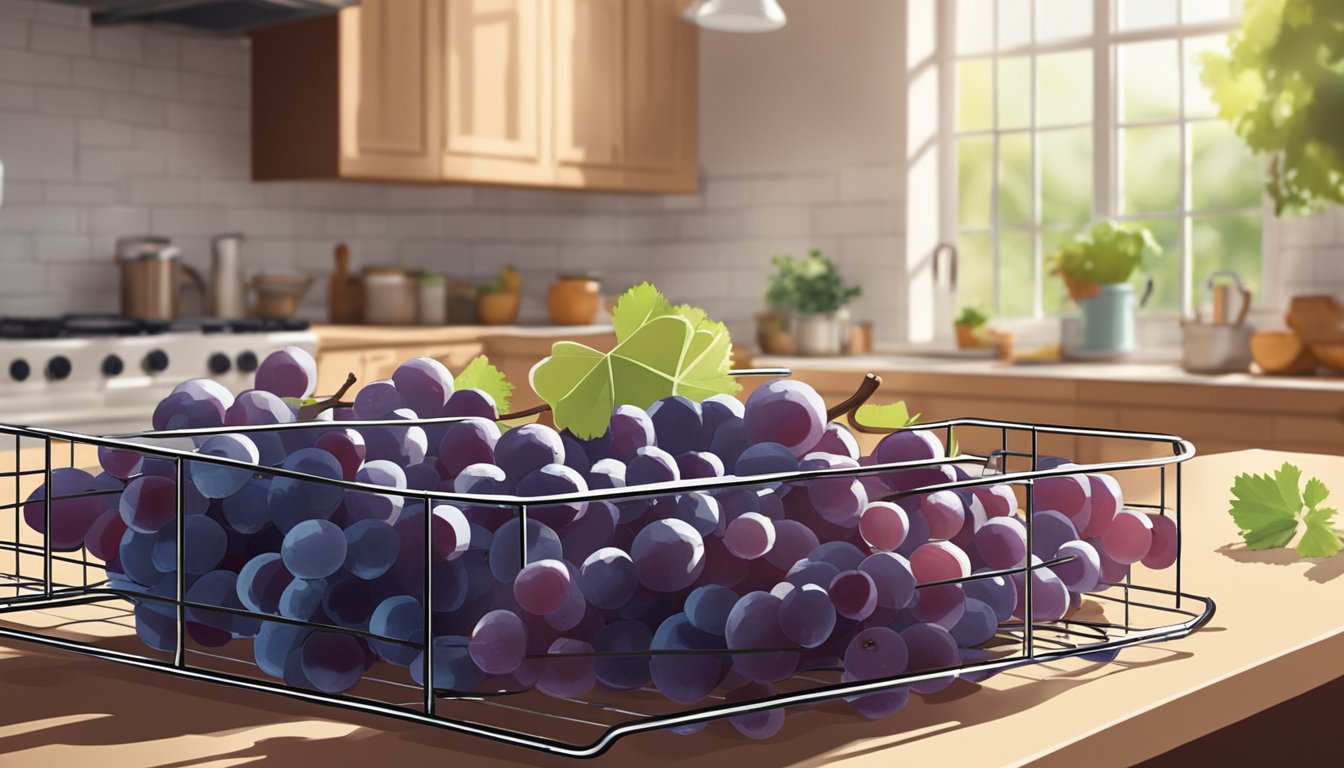 Fresh grapes laid out on a wire rack in a sunny kitchen, with a fan blowing over them to aid in the dehydration process