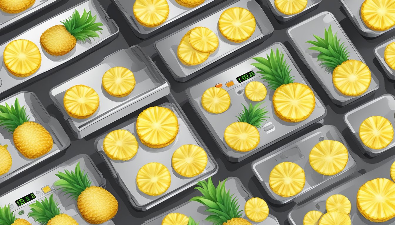 Fresh pineapple slices arranged on dehydrator trays, machine set to low heat, with a timer counting down