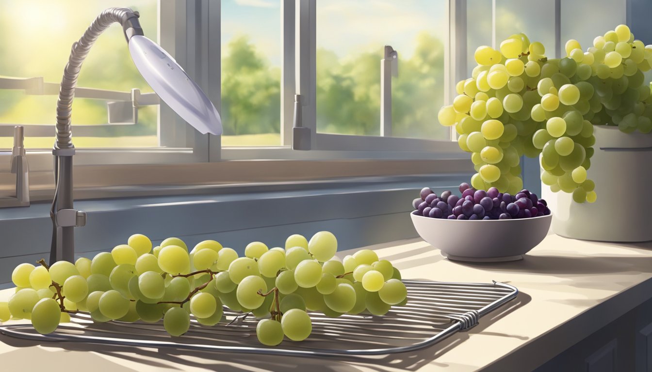 Fresh grapes laid out on a wire rack in a sunny kitchen, with a fan nearby for air circulation