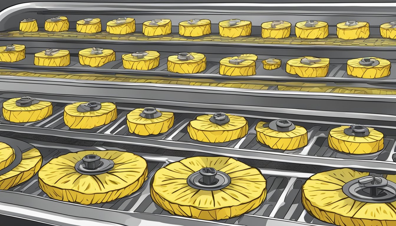 Fresh pineapple slices arranged on dehydrator trays, with the machine's temperature and timer settings adjusted for the drying process