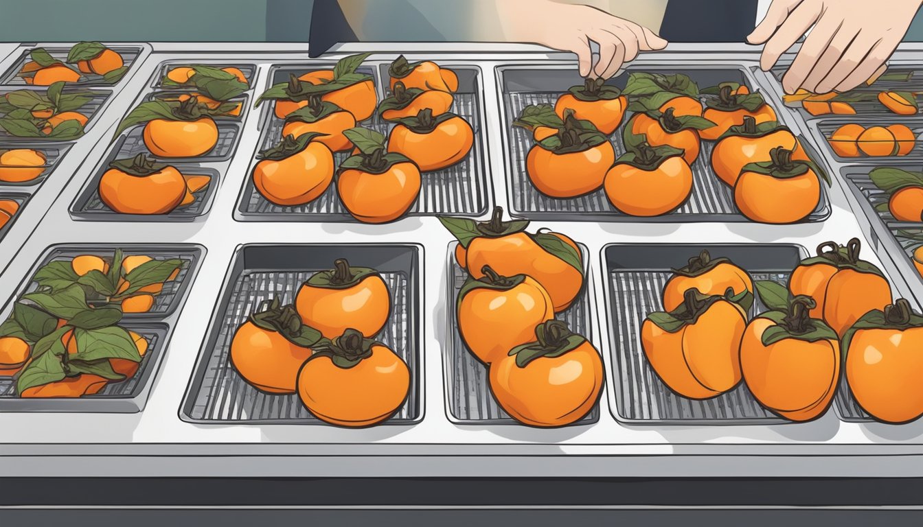 Whole persimmons placed on dehydrator trays, with temperature and timer settings displayed. A person's hand adjusting the controls