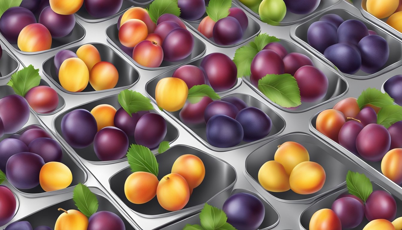 Plums arranged on dehydrator trays, machine running, with a timer set