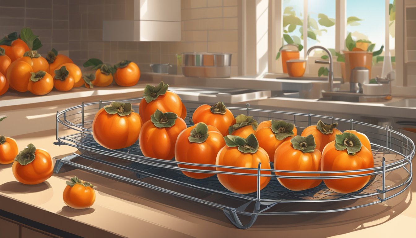 A bowl of whole persimmons laid out on a wire rack in a sunny kitchen, with a dehydrator in the background