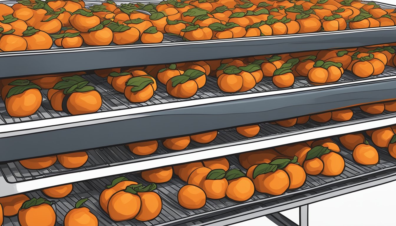 Whole persimmons placed on dehydrator trays, with trays stacked inside the dehydrator. Temperature and time settings adjusted