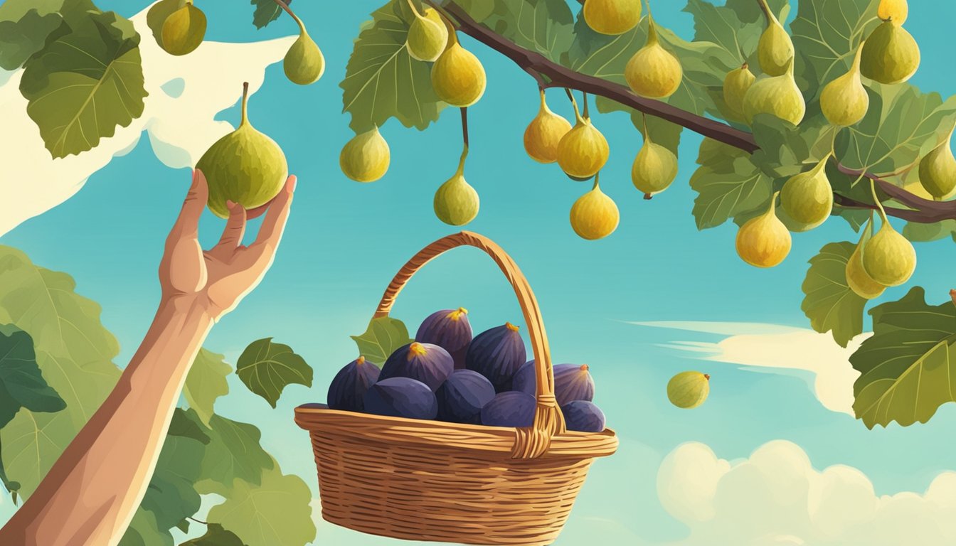 A hand reaching for ripe figs on a tree, with a basket nearby and a sunny sky in the background