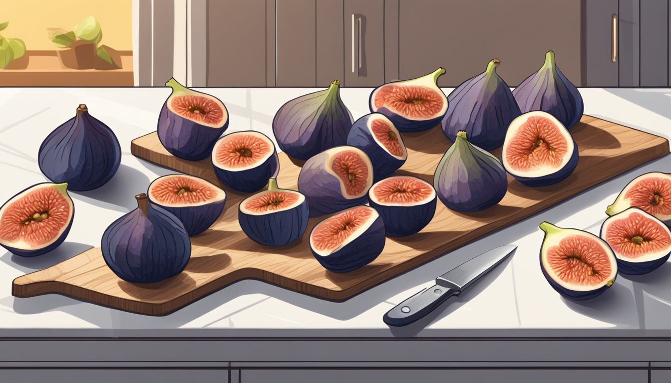 Fresh figs laid out on a wire rack in a sunny kitchen, with a knife and cutting board nearby