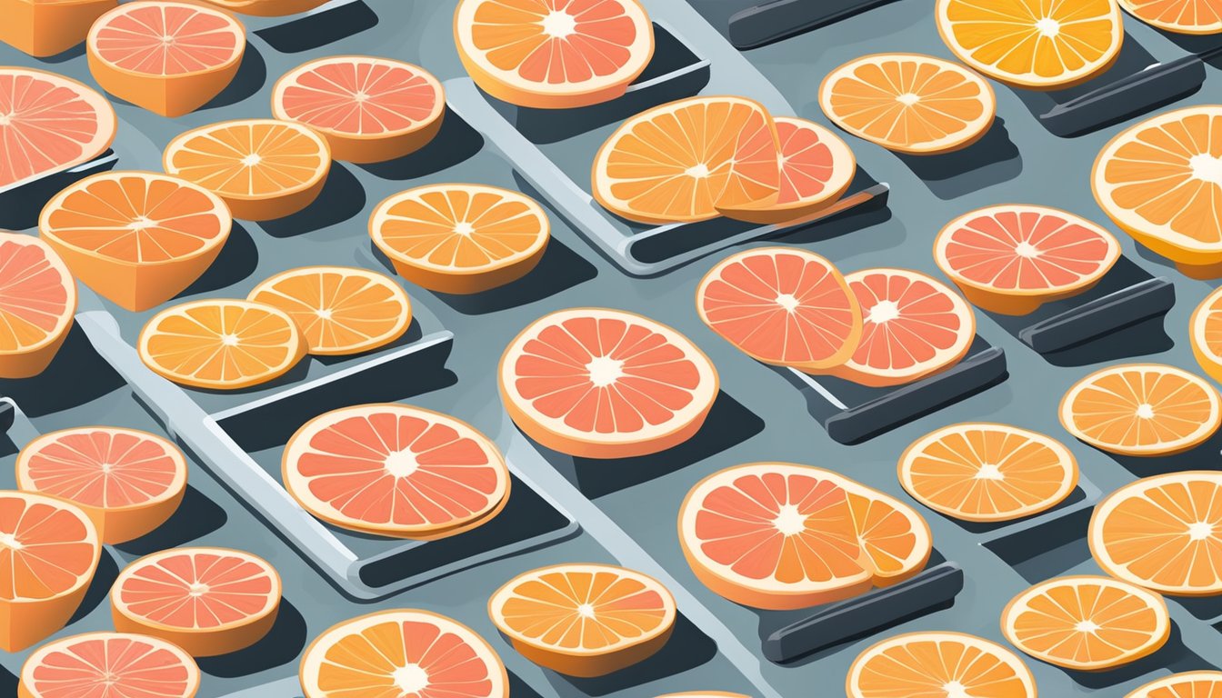 Fresh grapefruit slices arranged on baking trays, oven set to low temperature, and a timer set for several hours