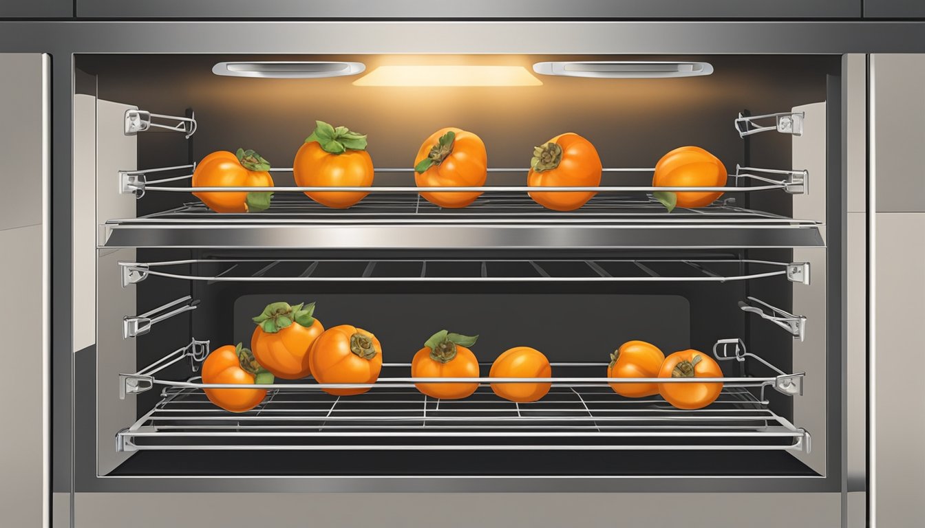 Whole persimmons placed on wire racks inside a warm oven. The oven door is slightly ajar to allow air circulation