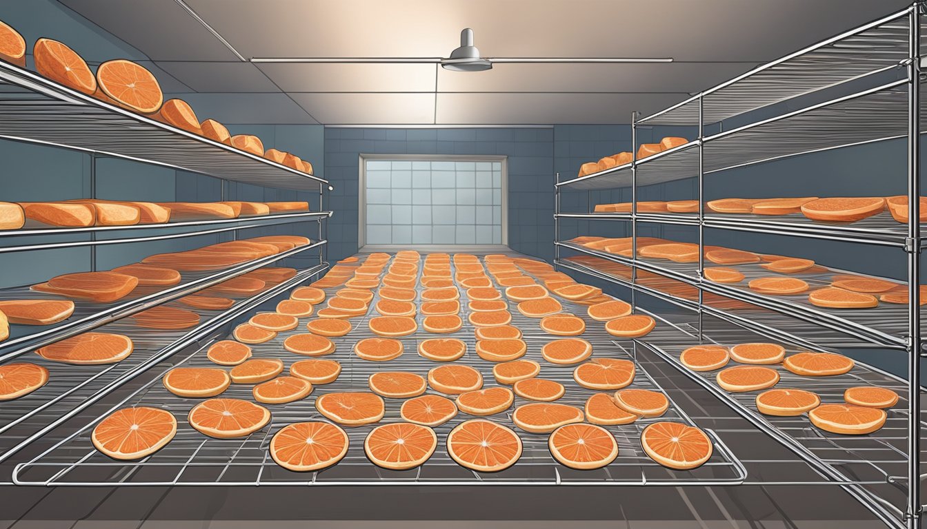 Fresh grapefruit slices arranged on wire racks inside a preheated oven, with warm air circulating around them as they dehydrate