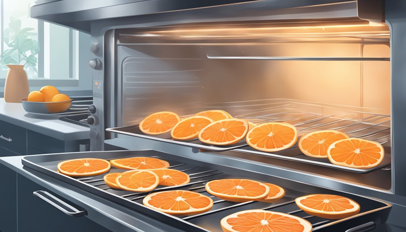 A bright kitchen scene with a sliced grapefruit on a baking sheet in the oven, steam rising as it dehydrates