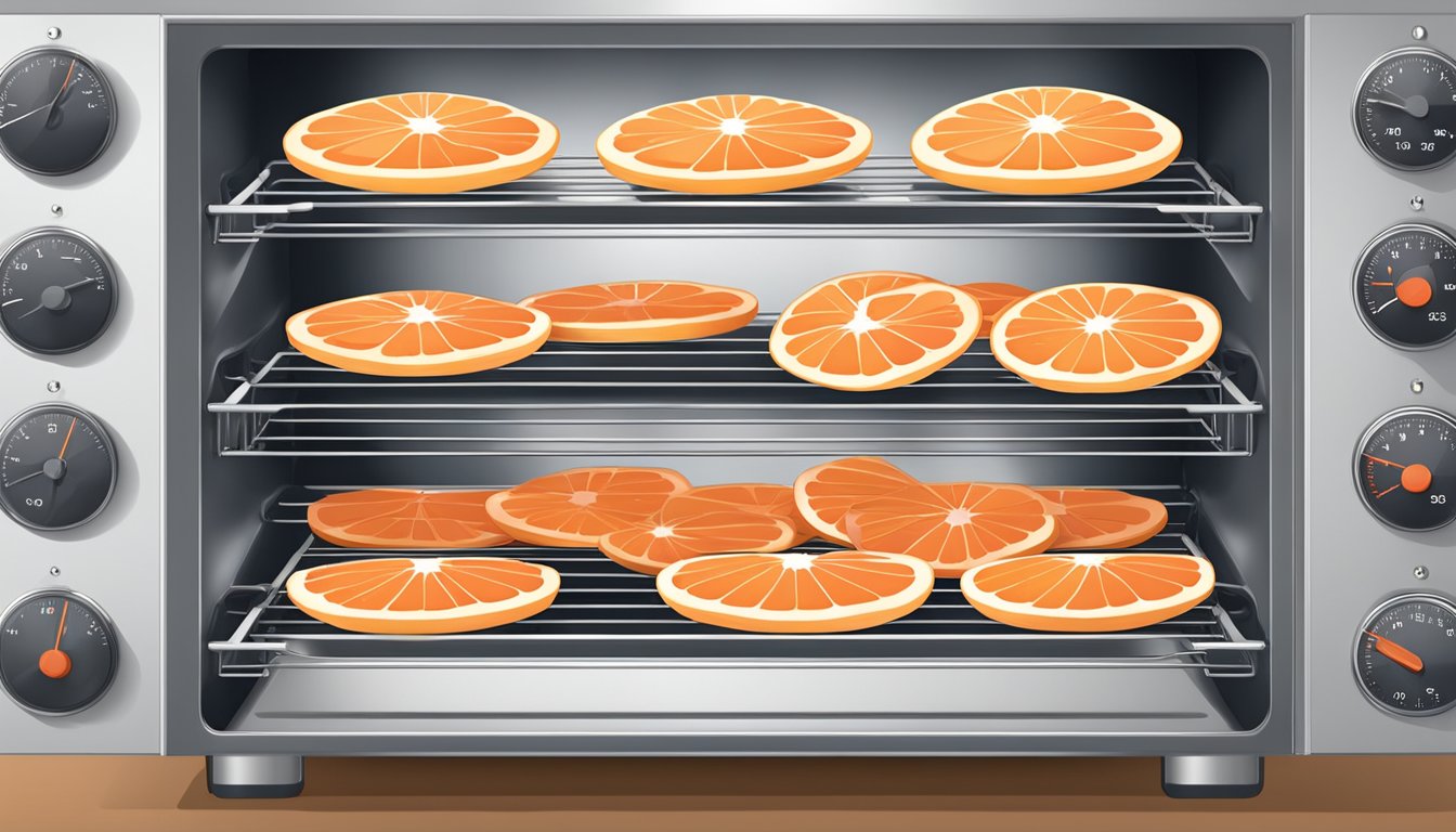 Fresh grapefruit slices arranged on wire racks inside a preheated oven with a timer set and temperature dial adjusted according to guidelines