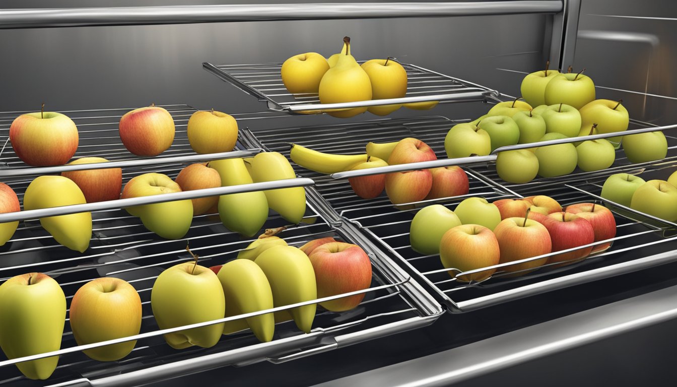 Fresh apples and bananas sliced and arranged on wire racks in a warm oven. Shriveled fruit sits on the racks after the dehydration process is complete