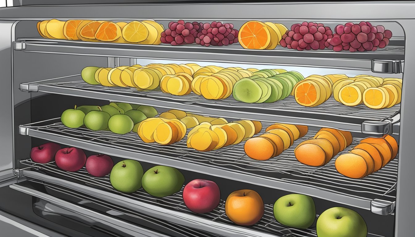 Fresh fruit slices arranged on a wire rack inside a NuWave oven, with the oven door closed and the dehydrating process underway