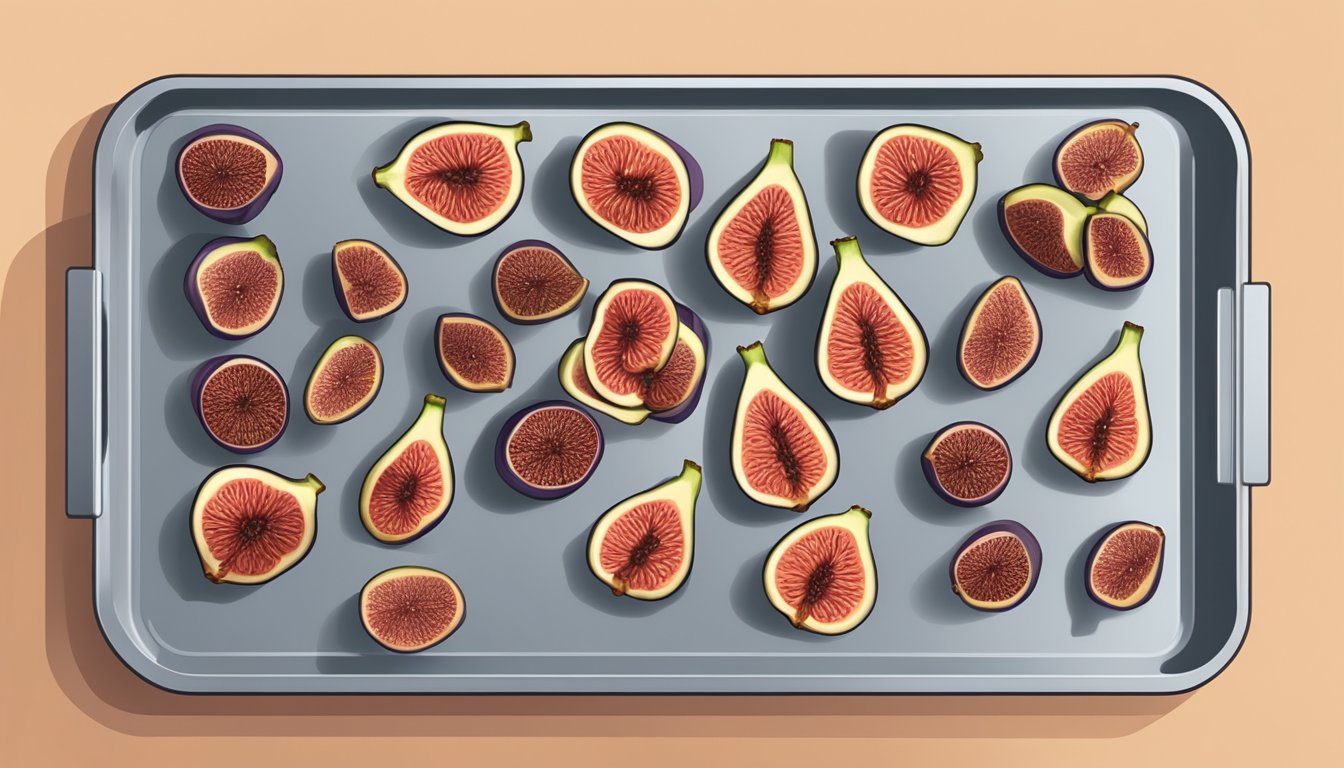 Figs arranged on ninja air fryer tray, set to low heat, with warm air circulating, slowly dehydrating